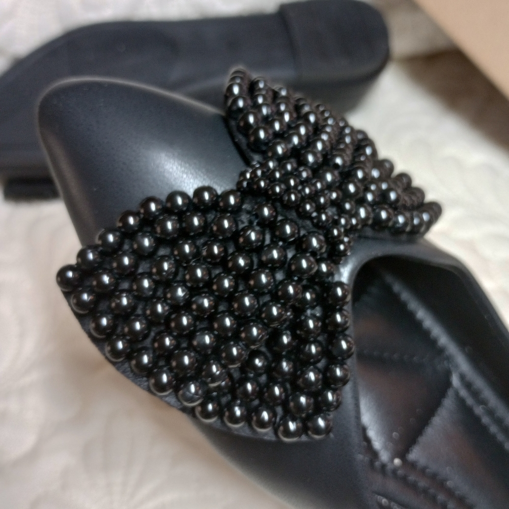 Beaded Bow Black Ladies Flats
